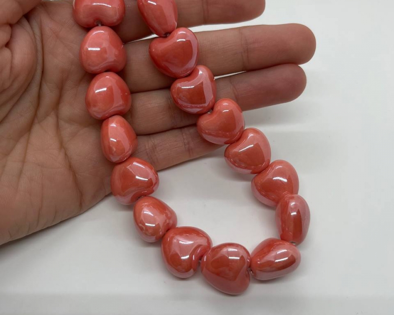 Бусины керамические сердечки цвет коралловый размер 15,5*12*11мм